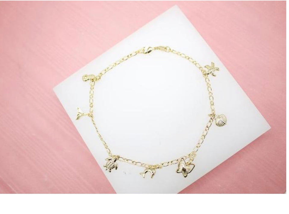 18k Gold Filled Beach Sea Shell, Star Fish, Sea Horse, Butterfly Charm Anklet
