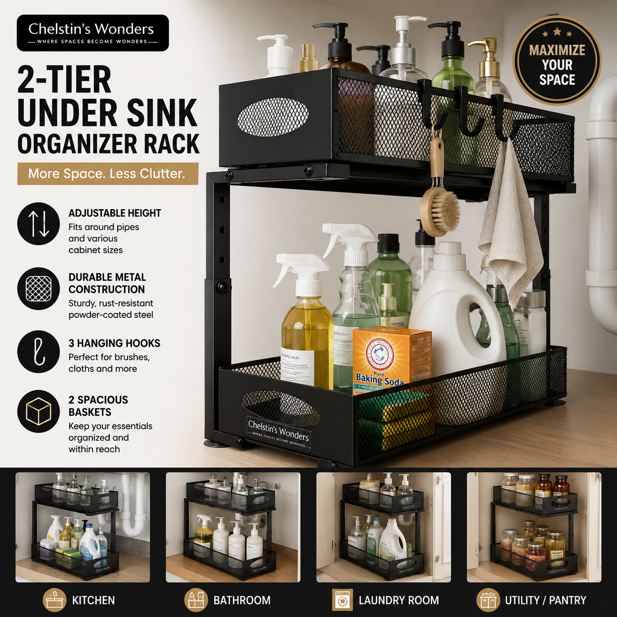 Chelstin's Wonders 2-Tier Adjustable Under Sink Organizer Rack with Hooks – Black
