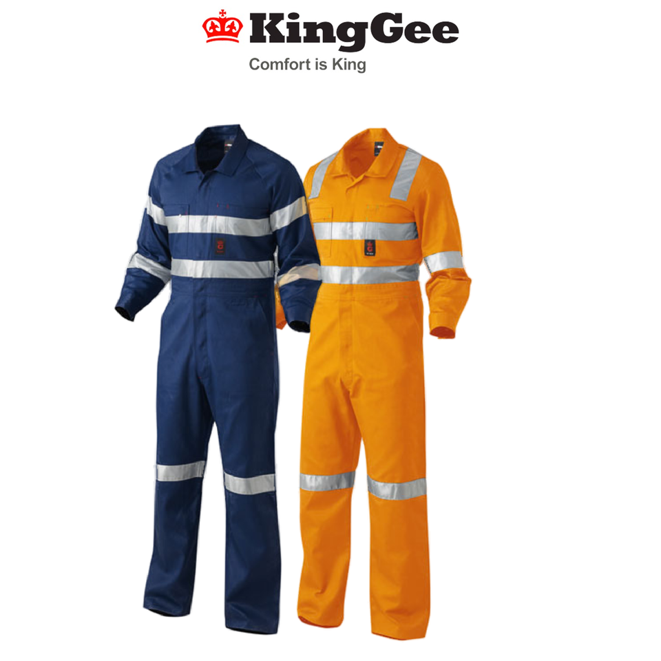 KingGee Mens Lightweight Cotton Drill Overalls Hi-Vis Taped Safety Work K51305