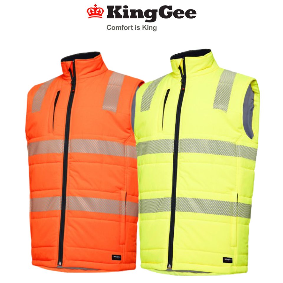 KingGee Mens Reflective Puffer Vest Storm Guard Waterproof Hi-Vis Safety K55020