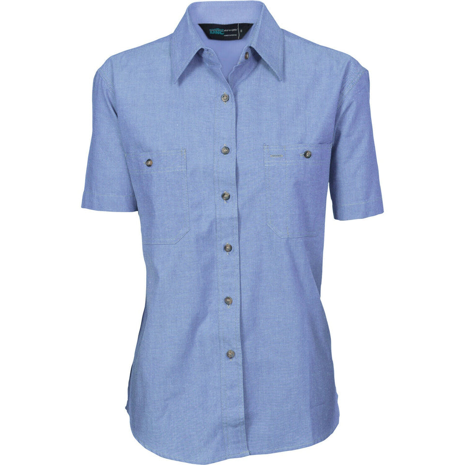 DNC Workwear Womens Ladies Cotton Chambray Shirt Short Sleeve Casual 4105