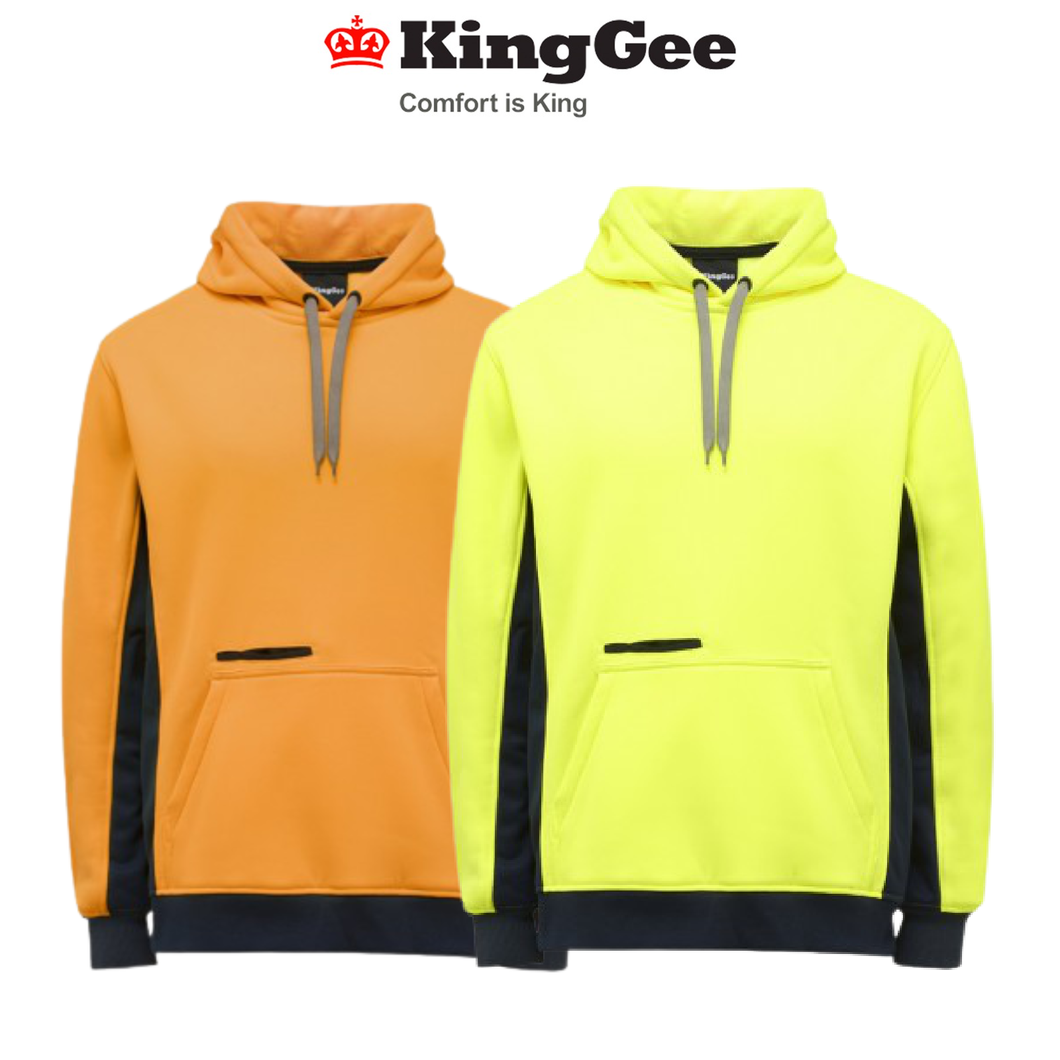 KingGee Mens Hi Vis Pull Over Hoodie Fleece Drawstring Work Safe Safety K55033