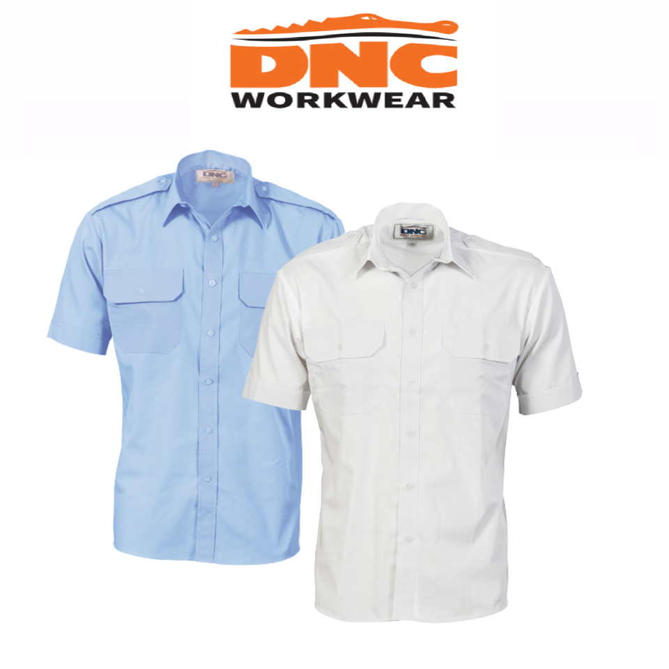 DNC Workwear Mens Epaulette Polyester Cotton Work Shirt Short Sleeve Casual 3213