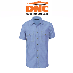 DNC Workwear Mens Twin Flap Pocket Cotton Chambray - Short Sleeve Casual 4103