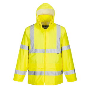 Portwest Mens Hi-Vis Rain Jacket Reflective Taped Hood Work Safety Comfy H440