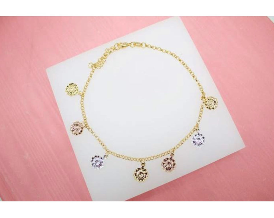 18K Gold Filled Multicolor Flower Charm Anklet