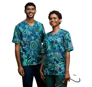 NNT Uniforms Unisex Warlu Indigenous Print Scrub Top V Neck Nurses Work CATRFR